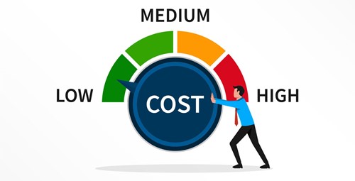 man pushing cost dial to lower, symbolizing software cost reduction