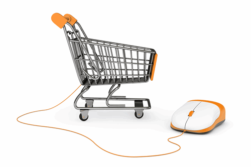 a computer mouse connected to a shopping cart representing custom shopping cart solutions