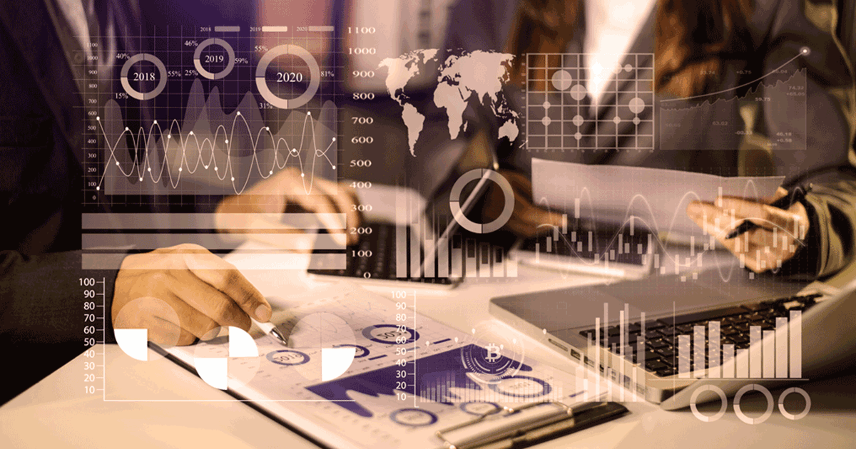 Suits in meeting with graphs and data overlay