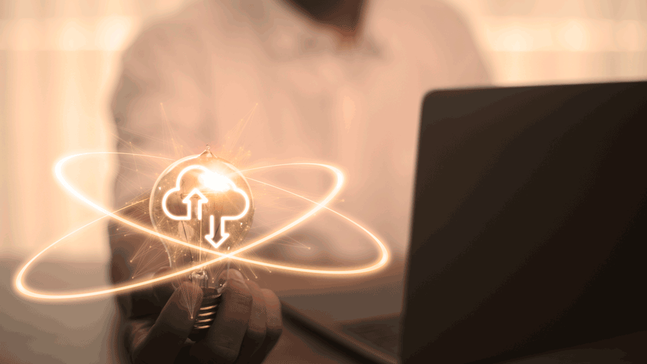 Man computing with Cloud overlay