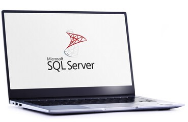 SQL Server logo displayed on laptop