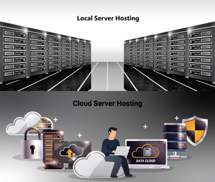 cartoon graphic comparing cloud vs local server hosting