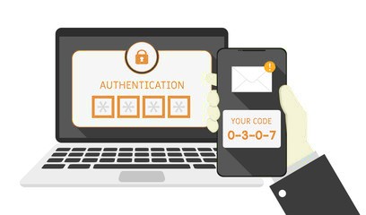 two-factor authentication illustration depicted by a laptop asking for a code and a smartphone displaying the authentication key