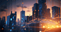 Silhouette of city skyline with digital overlay of Cloud and AI Solutions