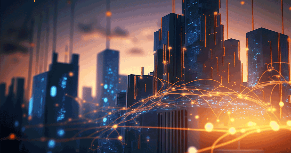 Silhouette of city skyline with digital overlay of Cloud and AI Solutions