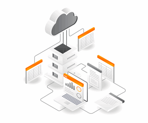 Illustration of server and data connected to the cloud