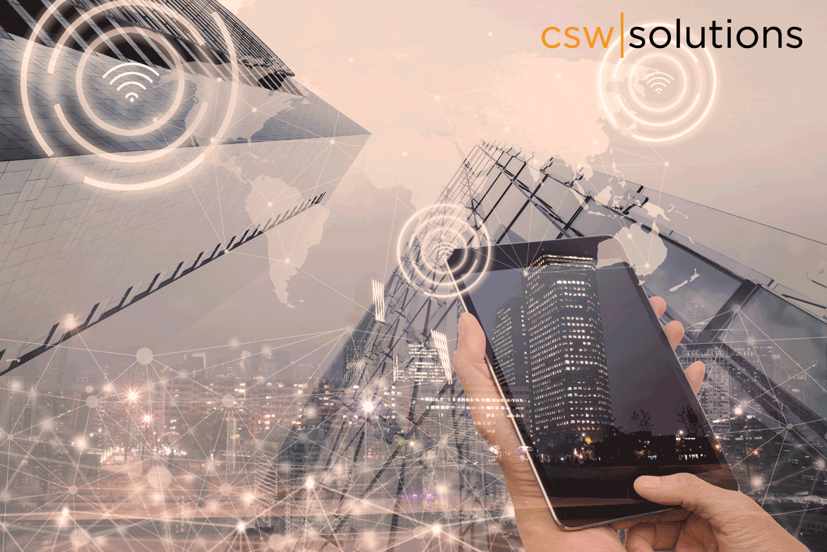 Mobile communications and tall buildings with abstract cloud storage solutions overlay