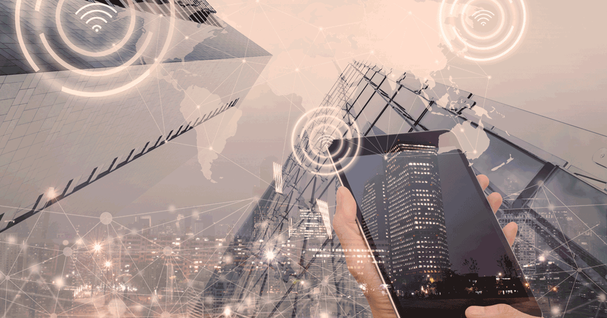 Mobile communications and tall buildings with abstract cloud storage solutions overlay