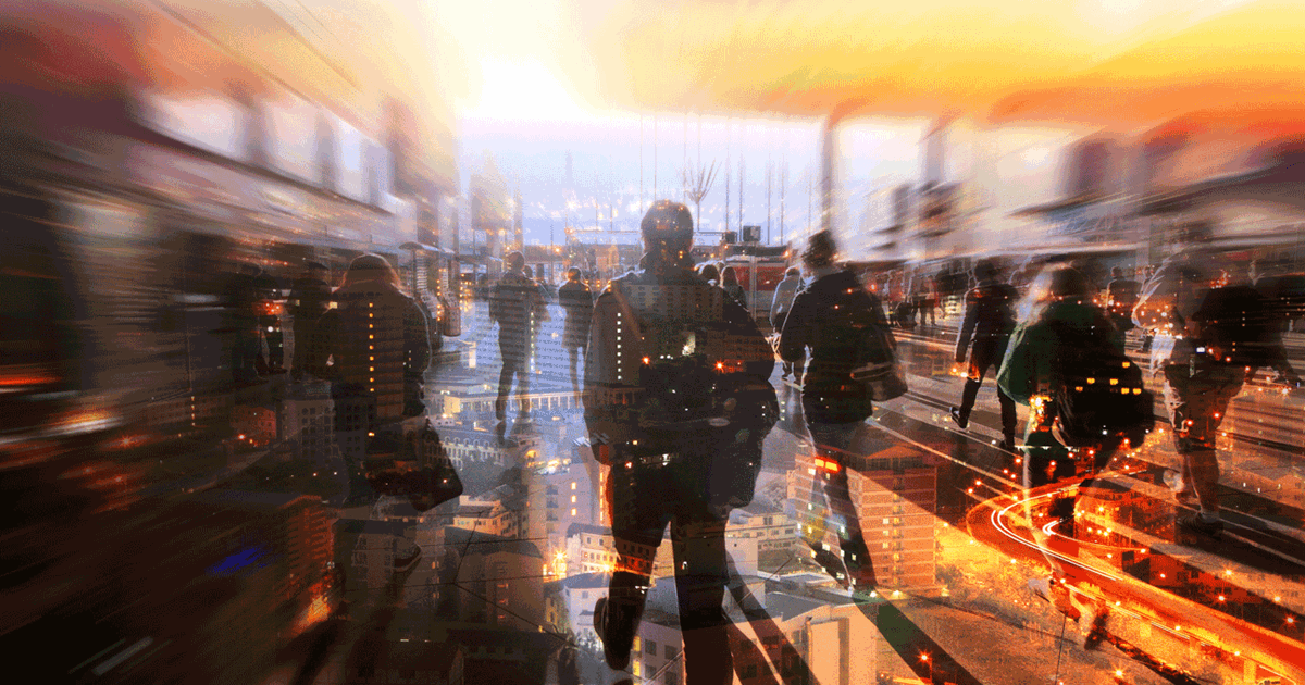 Crowd moving toward the future of 2025 in golden light