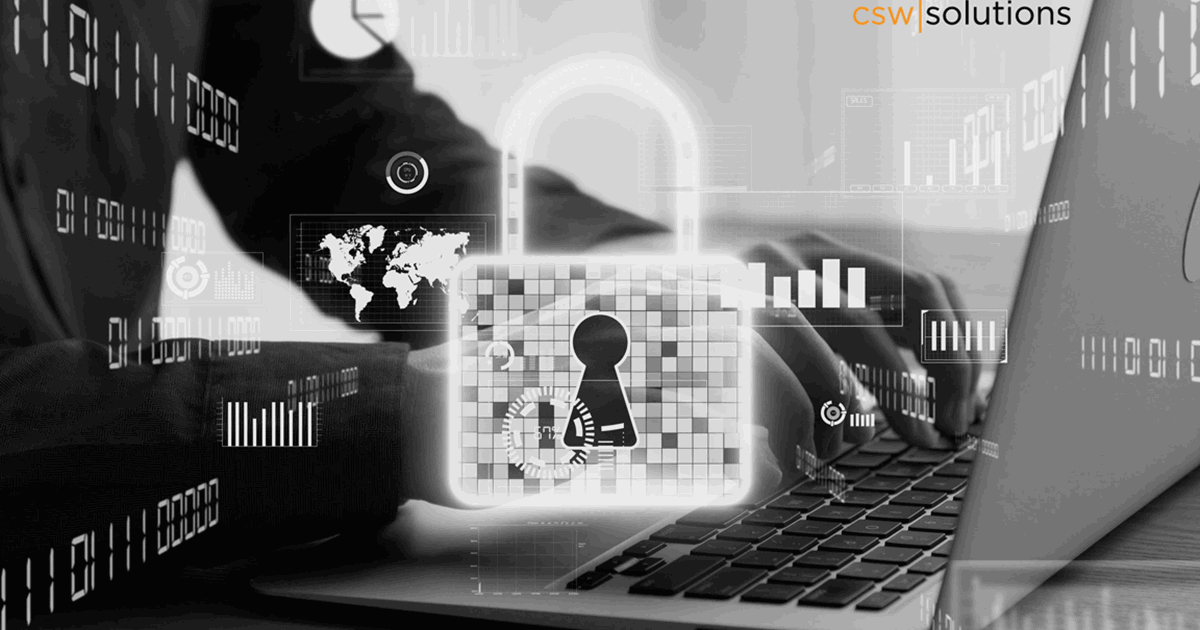 Man working at laptop with cybersecurity overlay