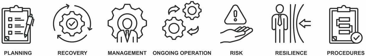 Black and white graphic depiction of BCDR icons