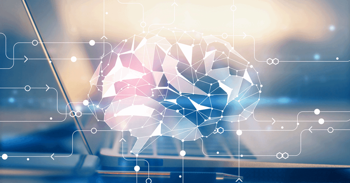 Digital rendition of brain over computer representing AI