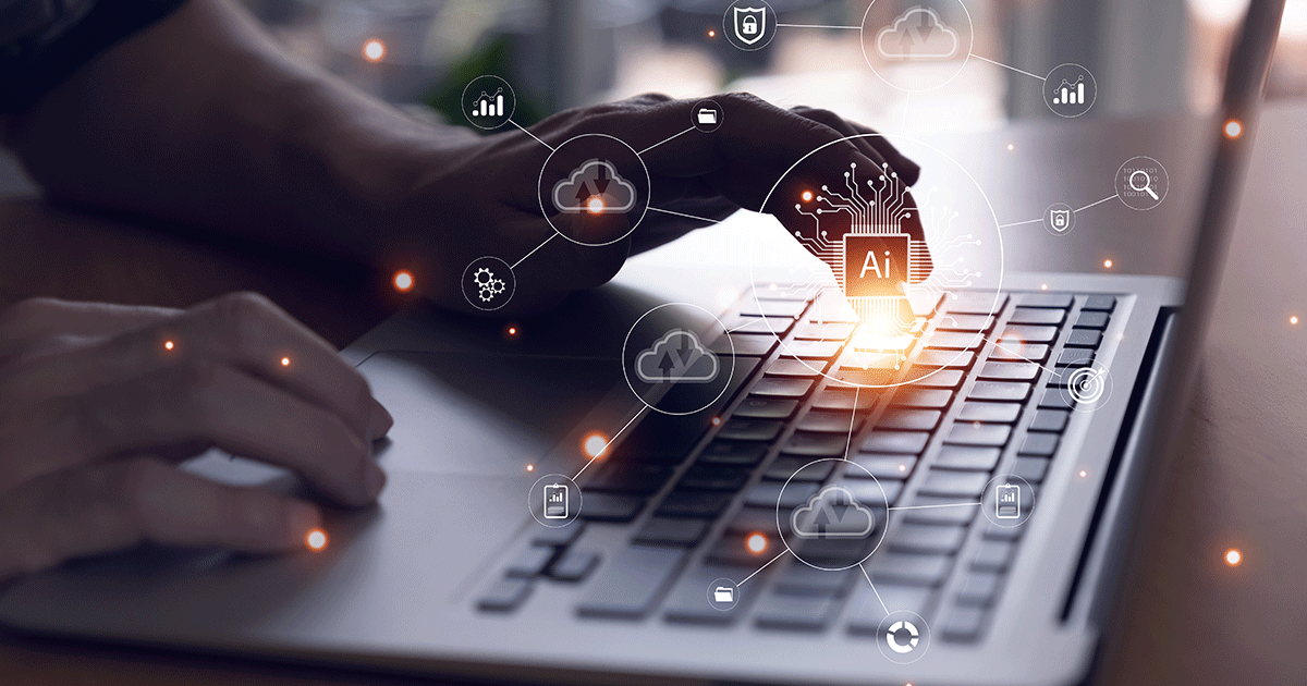 Person using a laptop with AI and cloud computing icons representing artificial intelligence, data, and digital transformation — CSW Solutions.