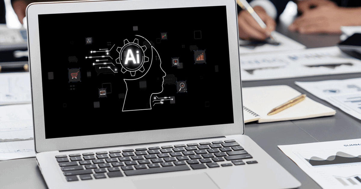 Laptop with AI illustration on screen