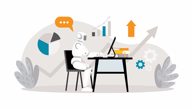 Here’s a clear and SEO-optimized alt text for your uploaded image: Alt text: “Illustration of a humanoid robot working at a desk with a computer, surrounded by icons representing data analysis, productivity, and learning—such as pie charts, bar graphs, gears, and stacked books—symbolizing artificial intelligence in professional and analytical environments.