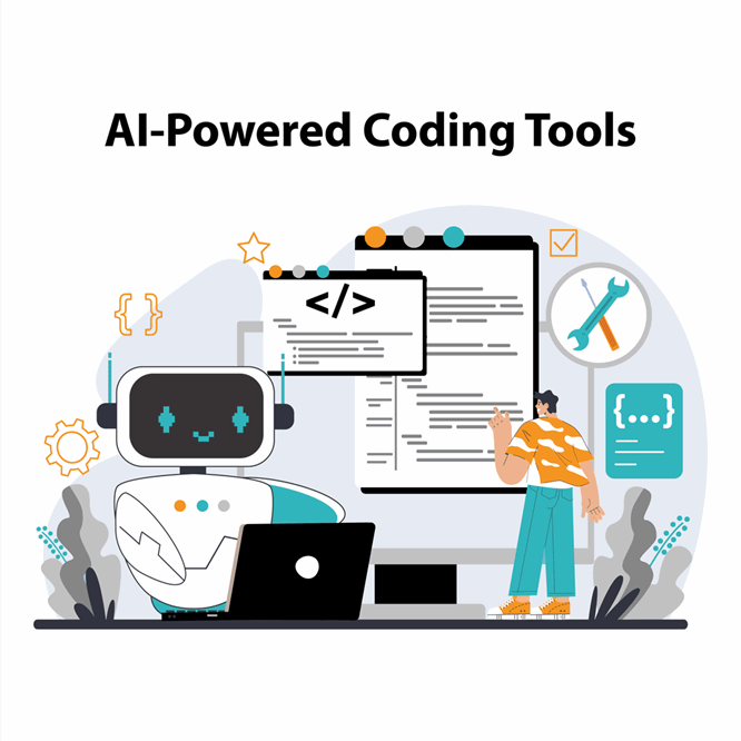Illustration of a humanoid robot using a laptop, surrounded by coding icons like curly braces and gears, while a human developer points at a large screen displaying code—symbolizing collaboration between artificial intelligence and software developers.