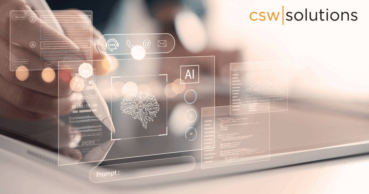 Illustration of a person using a tablet with a stylus, surrounded by digital interface elements including communication icons, code snippets, a brain labeled ‘AI,’ and a prompt input field—highlighting user interaction with artificial intelligence and coding tools. The CSW Solutions logo appears in the top corner.