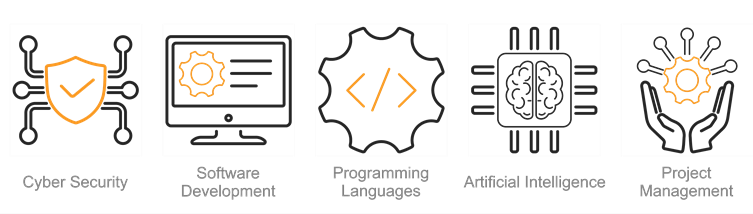 Five line-style icons on a dark background representing technology services: a shield with circuitry for Cybersecurity, a computer screen with a gear for Software Development, code brackets inside a gear for Programming Languages, a brain inside a microchip for Artificial Intelligence, and hands holding a gear for Project Management.