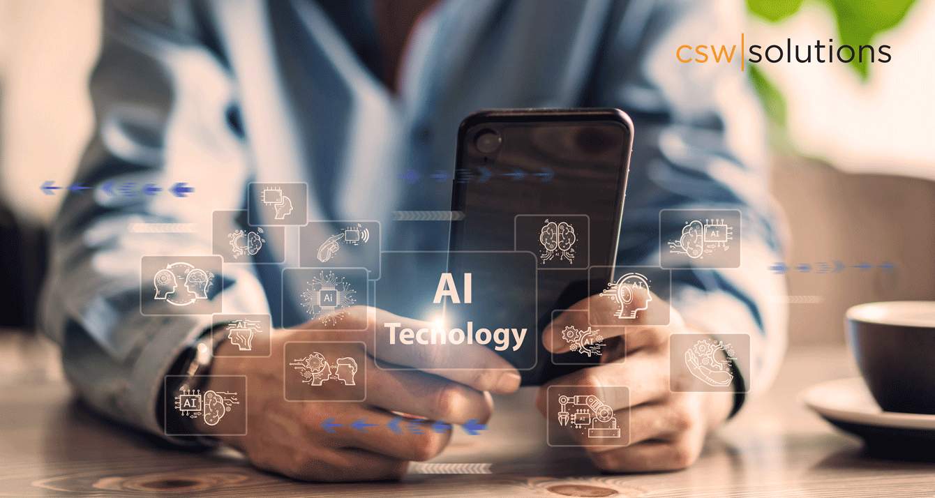Person using a smartphone with transparent AI technology icons floating around the screen, representing artificial intelligence, automation, and digital innovation. The CSW Solutions logo appears in the corner, highlighting modern AI solutions integrated into everyday business workflows.