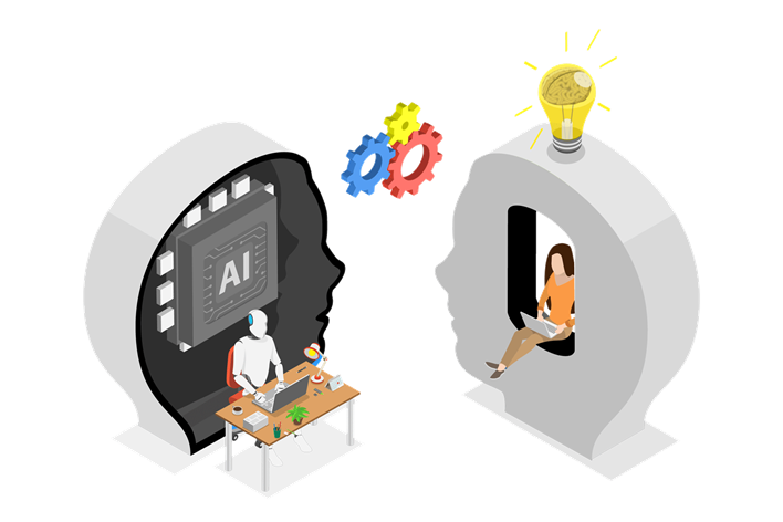 Illustration showing a human and an AI working together: a robot seated at a desk inside a head-shaped outline with an AI chip, facing a woman working on a laptop inside another head silhouette. Gears float between them, and a glowing lightbulb above the human head symbolizes collaboration, shared ideas, and co-creation.