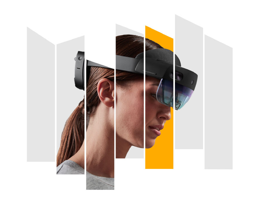 Person wearing a Microsoft HoloLens mixed‑reality headset, shown in profile with the image divided into vertical panels, one highlighted in orange.