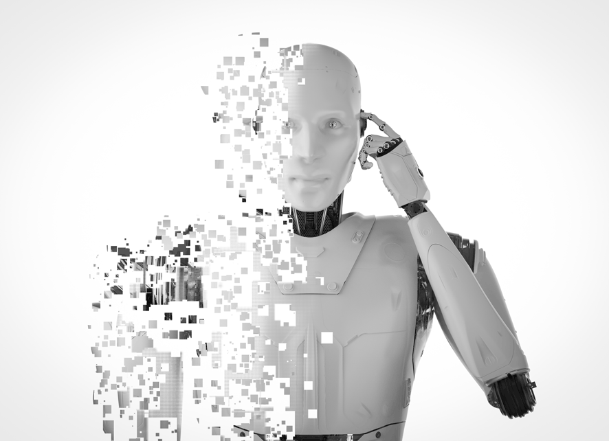 Humanoid robot with a realistic face touching its temple as its body dissolves into digital pixels, symbolizing artificial intelligence and digital transformation