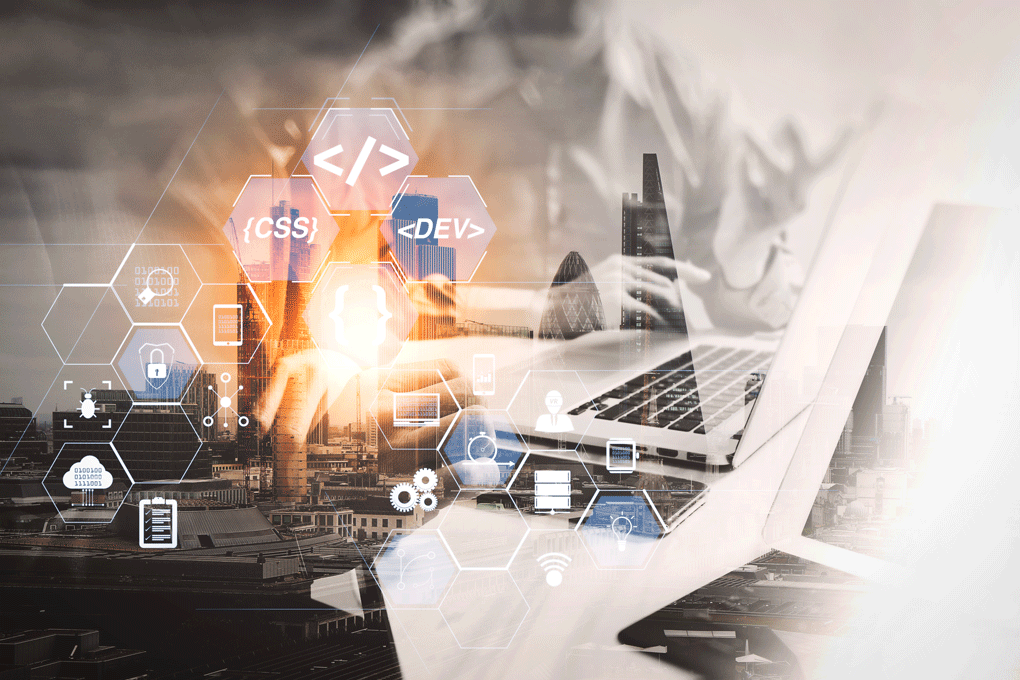 Silhouetted person working on a laptop with a grayscale cityscape blended into their figure, overlaid with hexagonal tech icons for coding, CSS, development, security, data, Wi‑Fi, and gears.